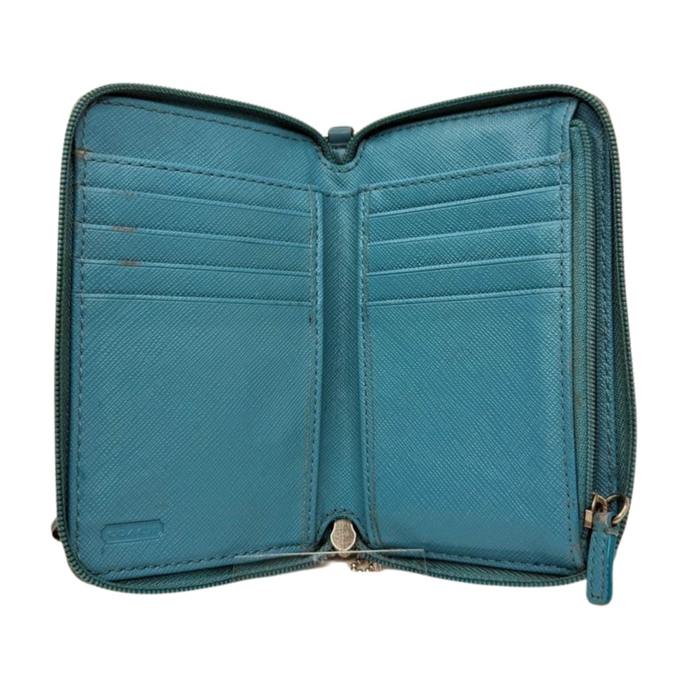 Coach Teal Blue Leather Turnlock Wristlet Wallet Zip Around ID Window - Picture 9 of 13